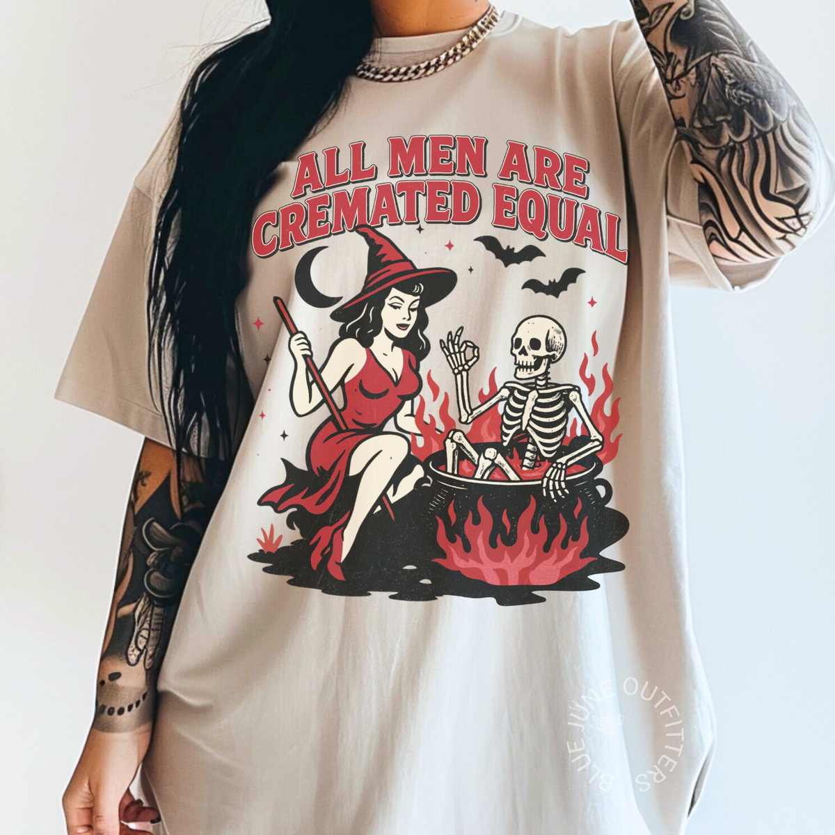 All Men Are Cremated Equal – Witch & Skeleton Retro Graphic Tee