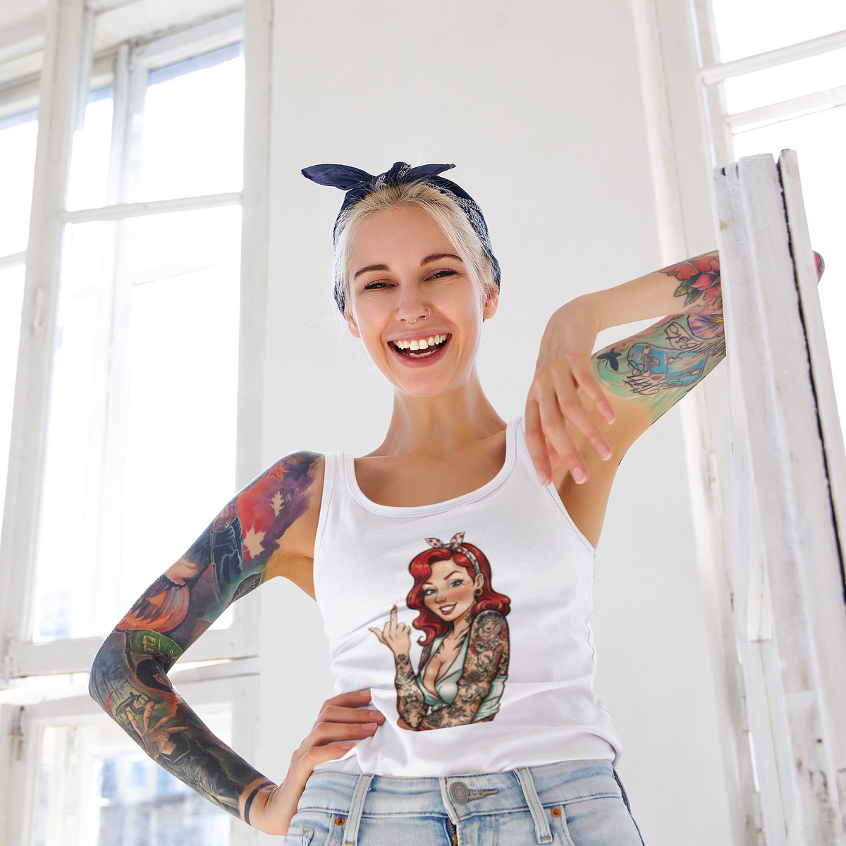 Vintage Tattooed Pin Up With Middle Finger Racerback Tank