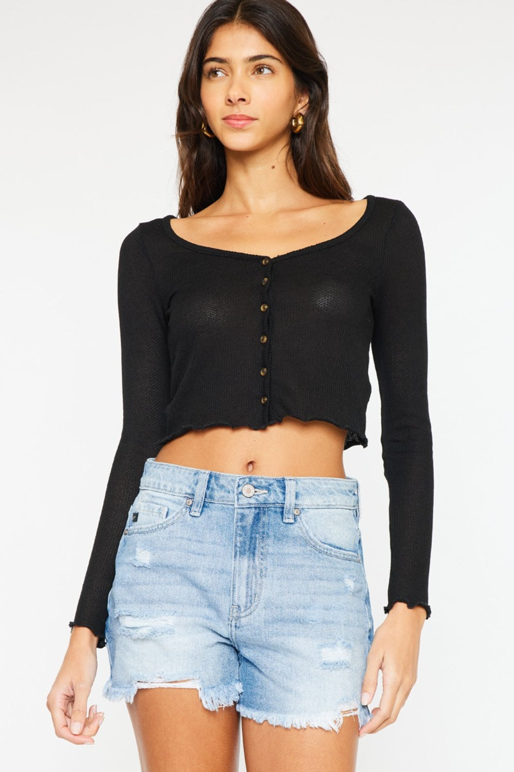 Kancan High Waist Frayed Denim Shorts - Studio 653