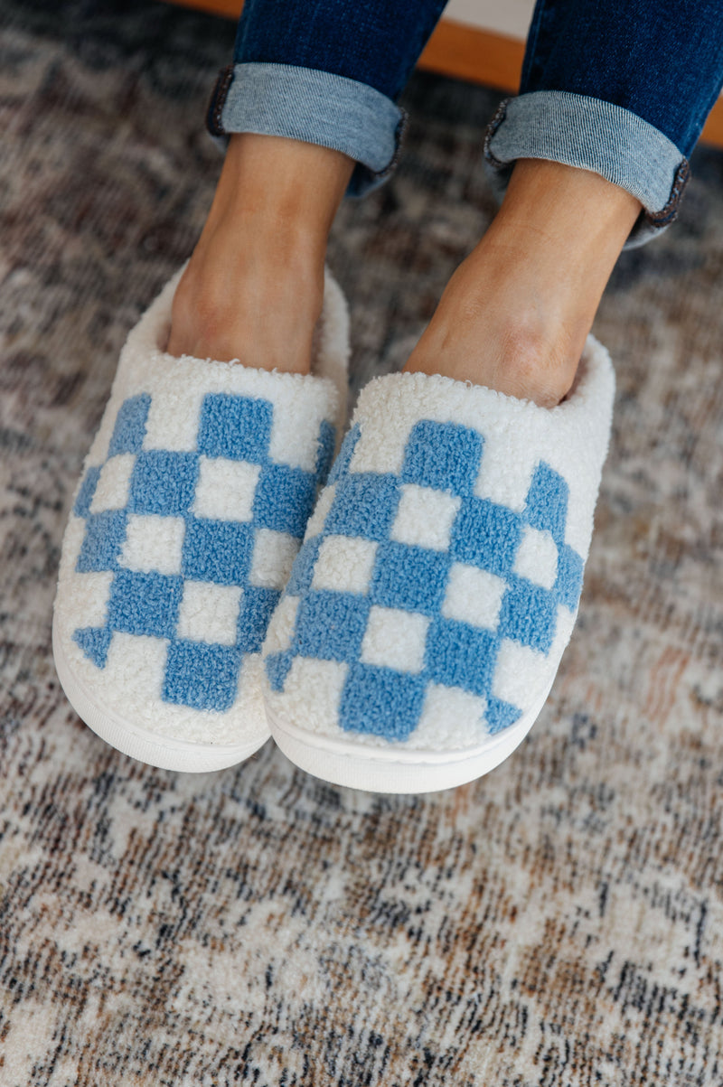 Checked Out Slippers in Blue & White - Studio 653
