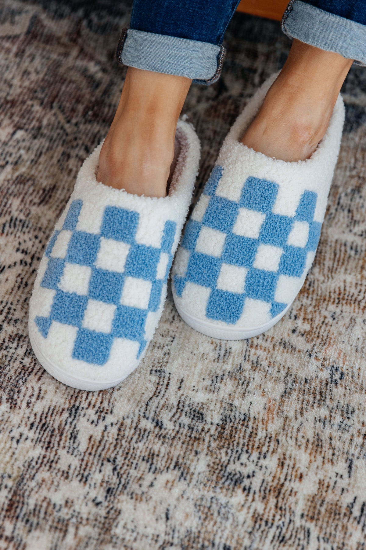Checked Out Slippers in Blue & White - Studio 653