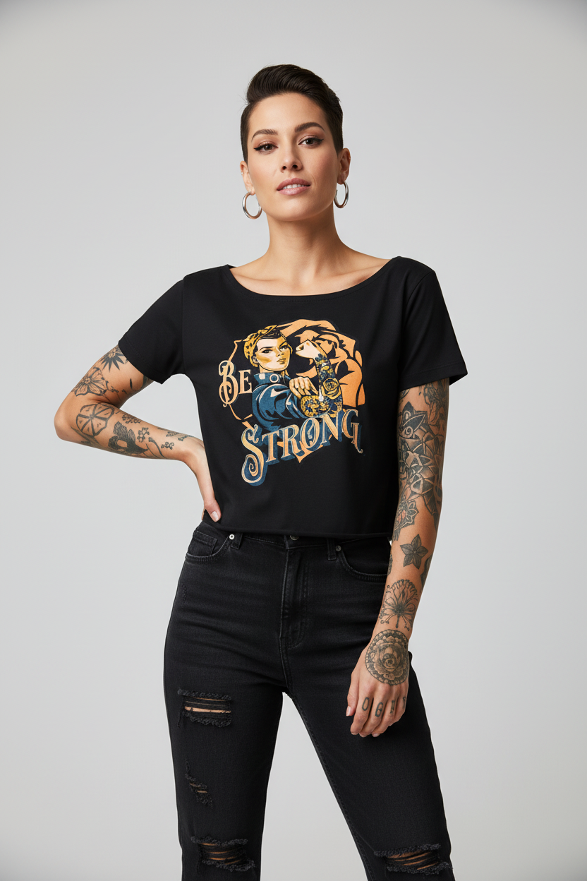 "Be Strong" Rosie The Riveter Black Cold Shoulder Rolled Hem Graphic Tee