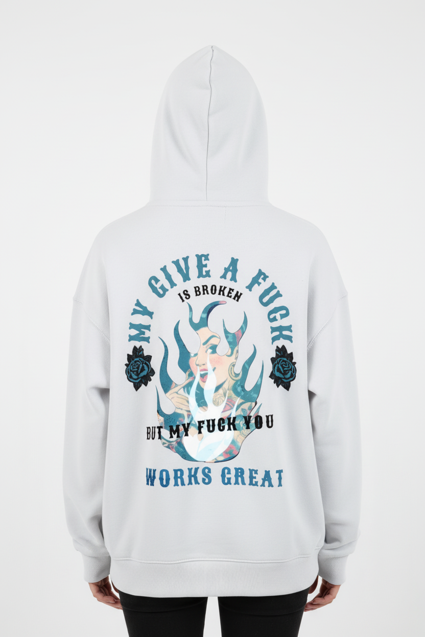 "Give a Fuck is Broken" Contrast Drawstring Blue Lined Hoodie