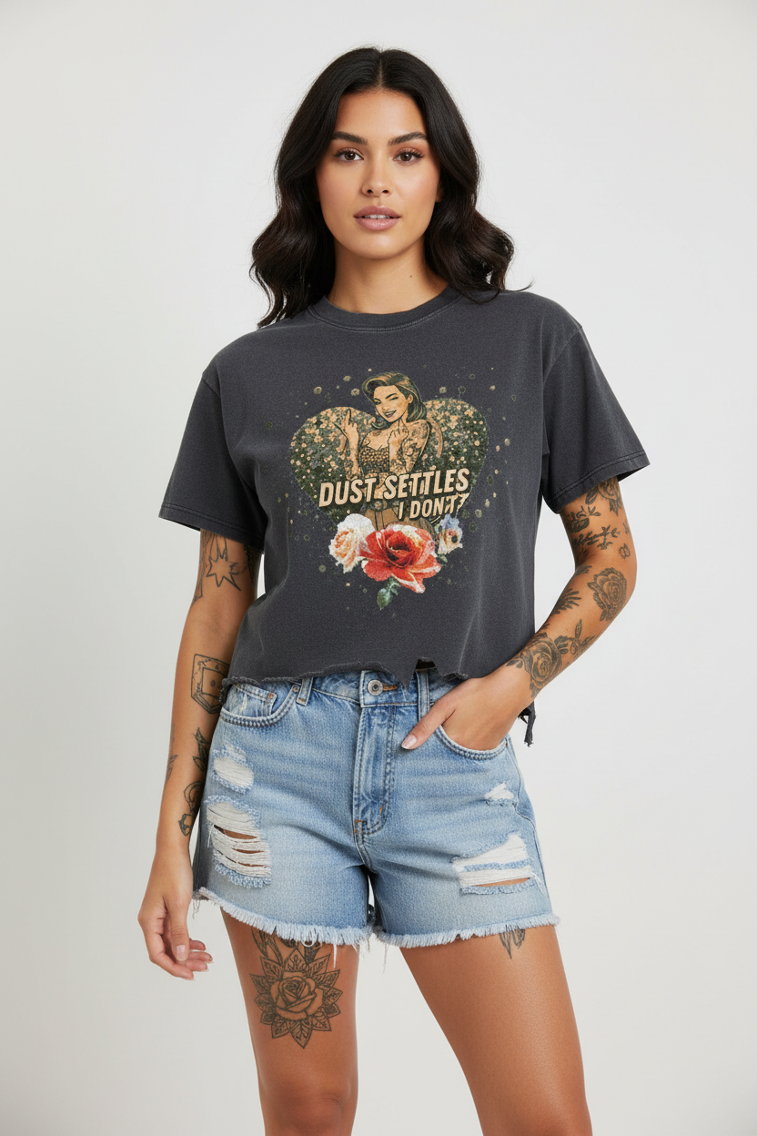 Black t-shirt with graphic design and text on a white background