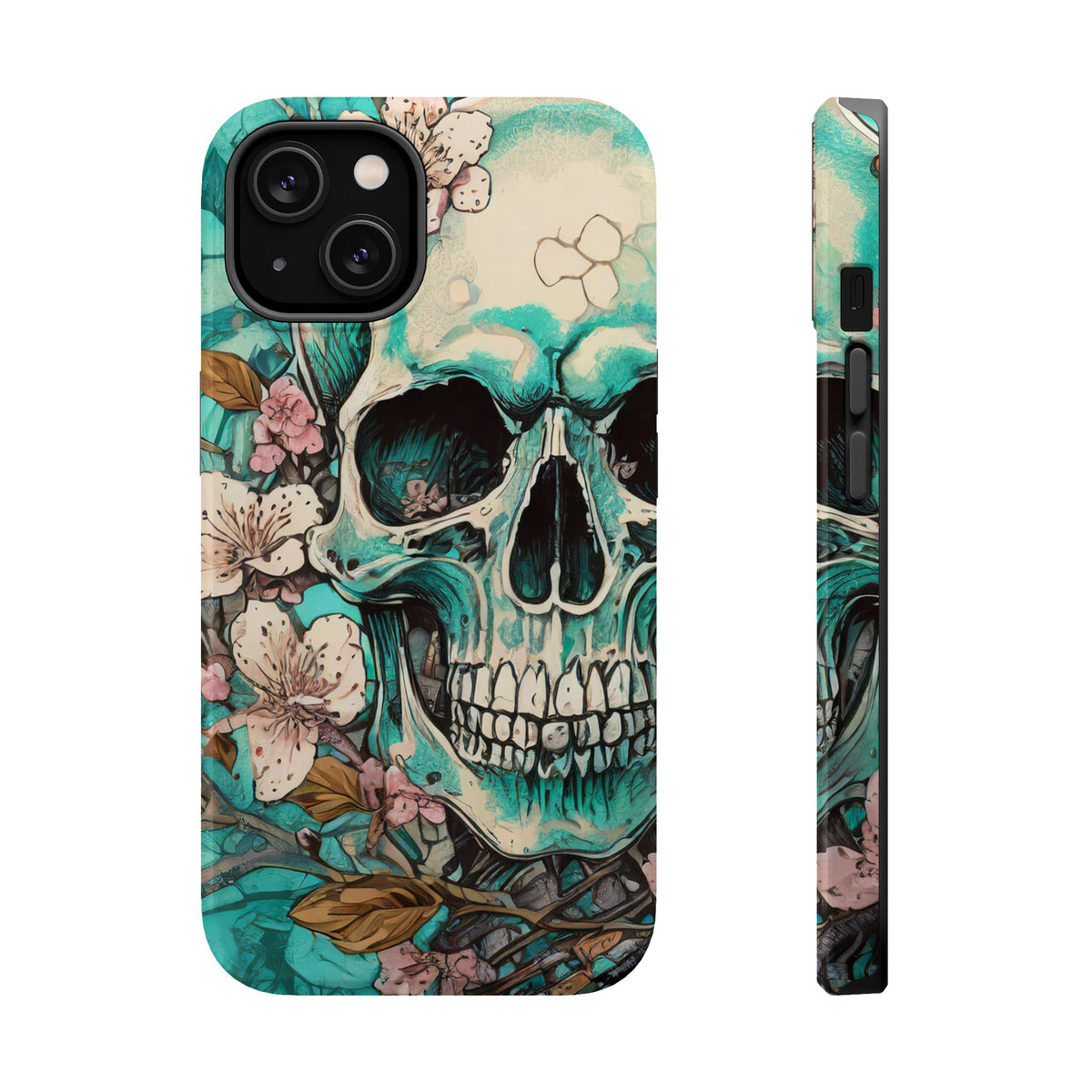 Teal Floral Skull Magnetic Tough Phone Case