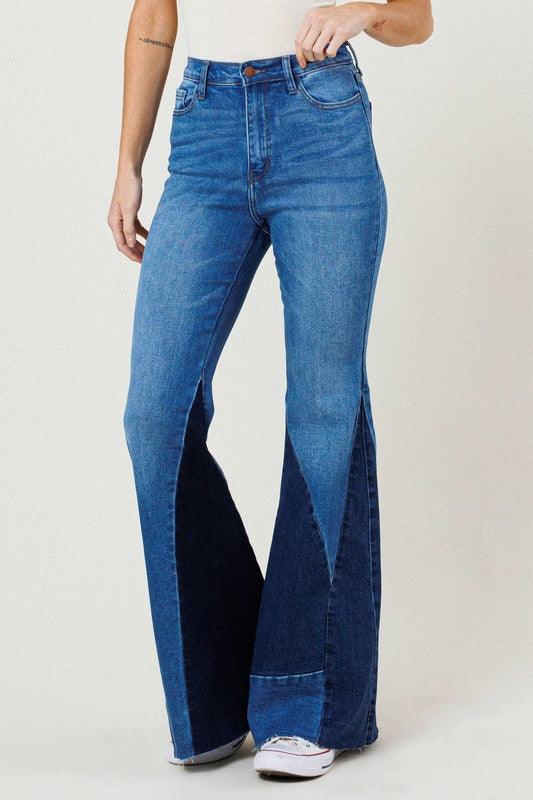 High-Rise Color Block Side Slit Flare Jean - Studio 653