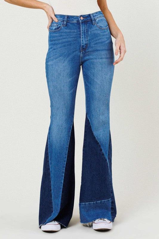 High-Rise Color Block Side Slit Flare Jean - Studio 653