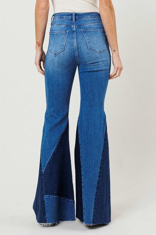 High-Rise Color Block Side Slit Flare Jean - Studio 653