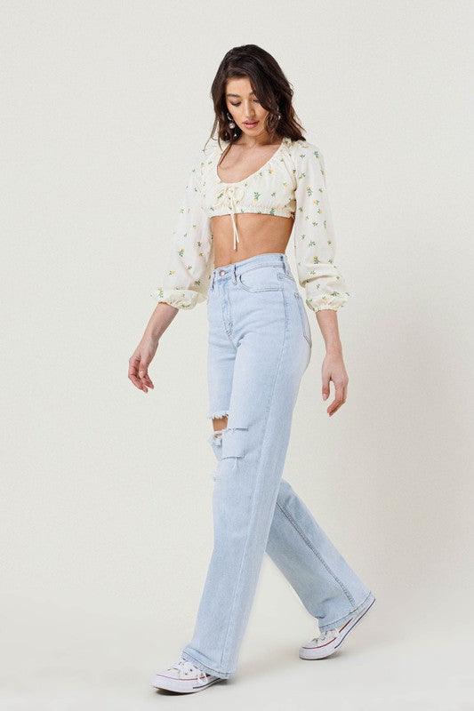 High-Rise Distressed Wide Leg Jeans - Studio 653