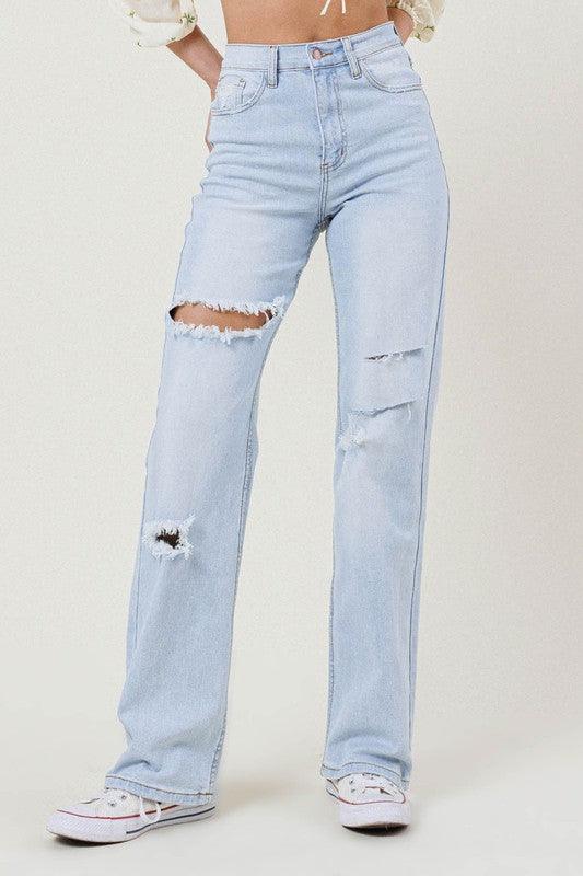 High-Rise Distressed Wide Leg Jeans - Studio 653