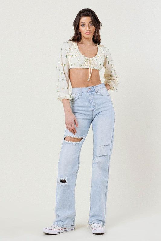 High-Rise Distressed Wide Leg Jeans - Studio 653