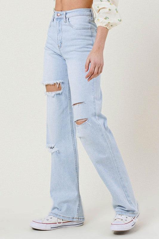 High-Rise Distressed Wide Leg Jeans - Studio 653