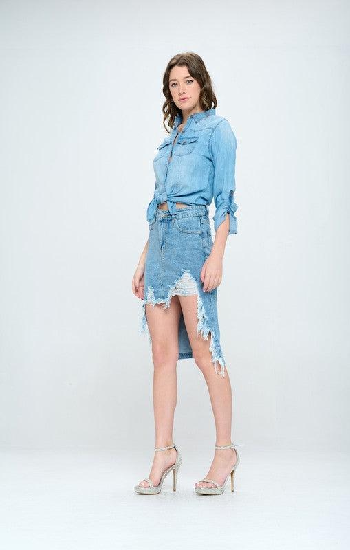 Front Distressed Denim Skirt - Studio 653