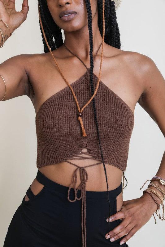 Lace-Up Halter Knit Bralette - Studio 653