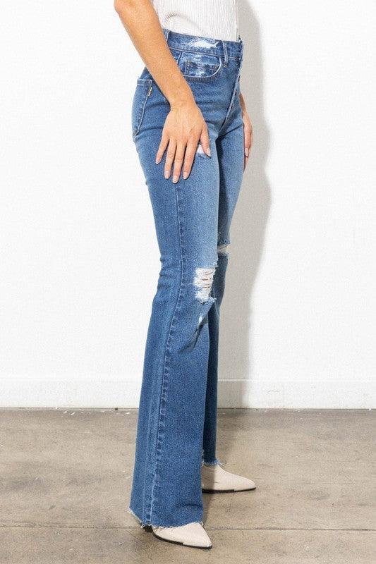 Button Fly High-Waisted Distressed Bootcut Jean - Studio 653