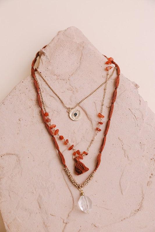 Carnelian & Crystal Drop Multi Layered Necklace - Studio 653