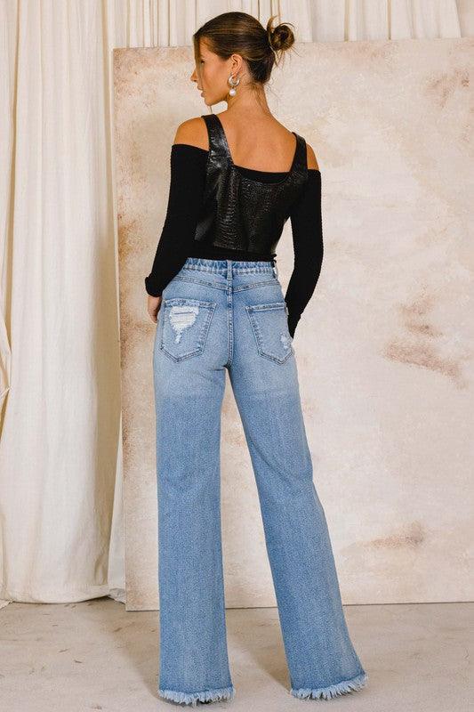 High-Rise Distressed Wide Leg Jeans - Studio 653