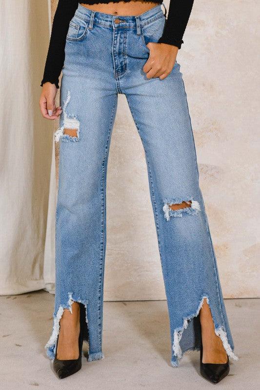 High-Rise Distressed Wide Leg Jeans - Studio 653