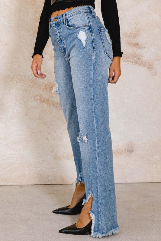 High-Rise Distressed Wide Leg Jeans - Studio 653