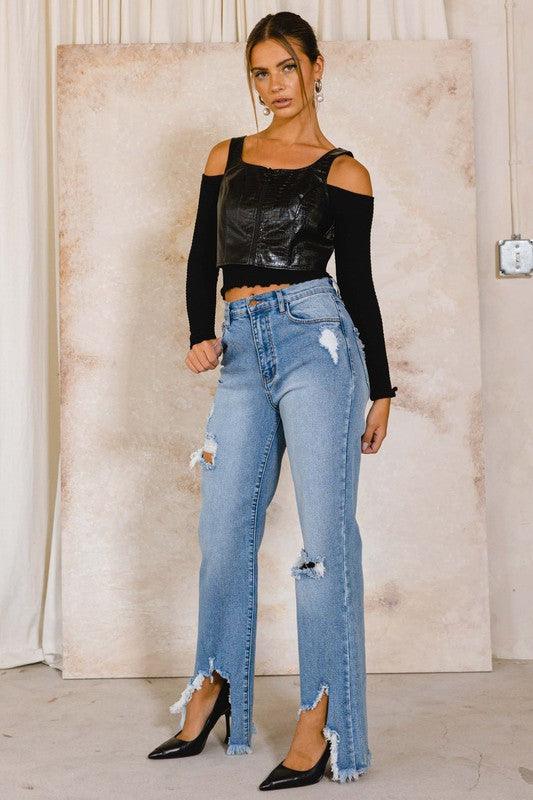 High-Rise Distressed Wide Leg Jeans - Studio 653