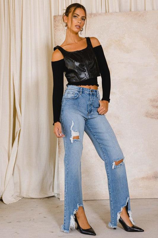 High-Rise Distressed Wide Leg Jeans - Studio 653