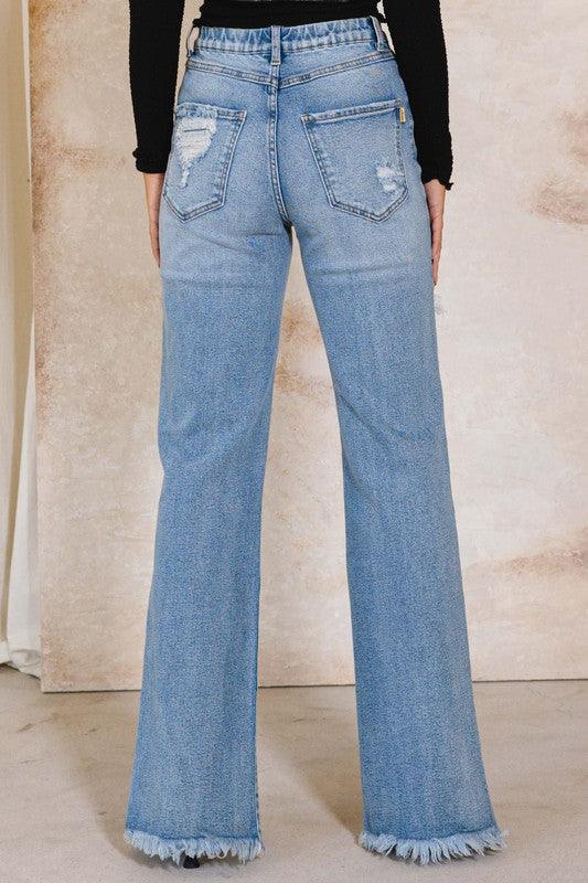 High-Rise Distressed Wide Leg Jeans - Studio 653