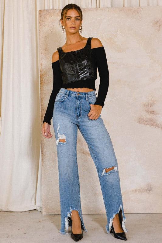 High-Rise Distressed Wide Leg Jeans - Studio 653