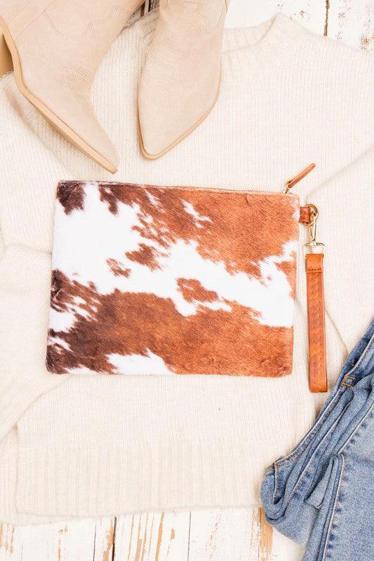 Faux Fur Cow Animal Print Clutch - Studio 653