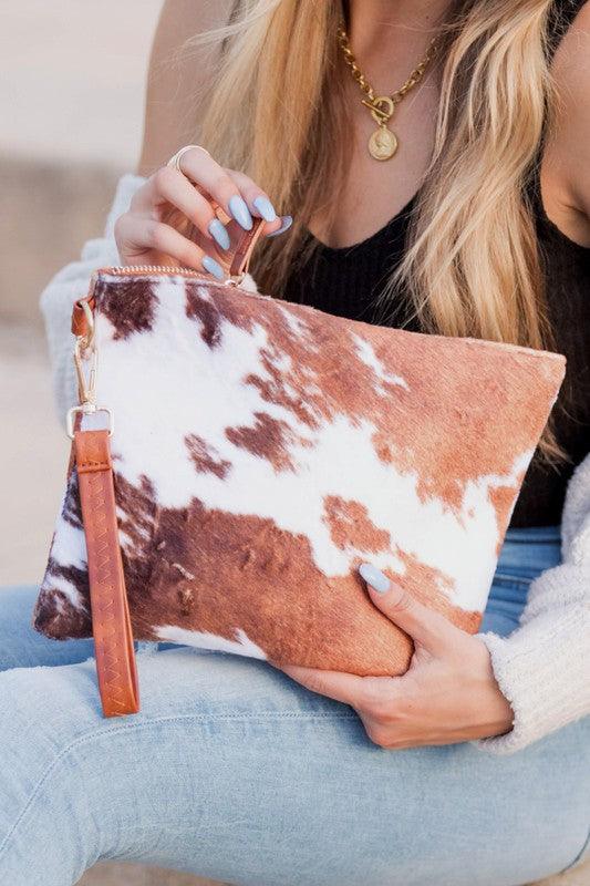 Faux Fur Cow Animal Print Clutch - Studio 653