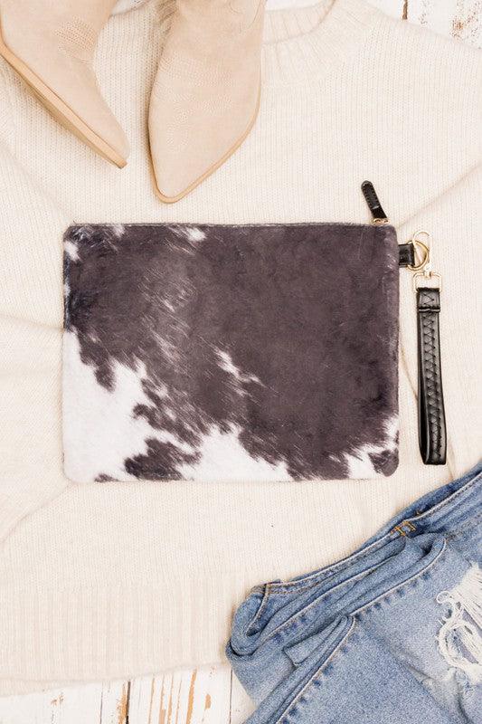 Faux Fur Cow Animal Print Clutch - Studio 653