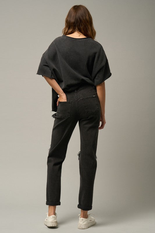 HIGH RISE DESTROYED BLACK JEANS - Studio 653