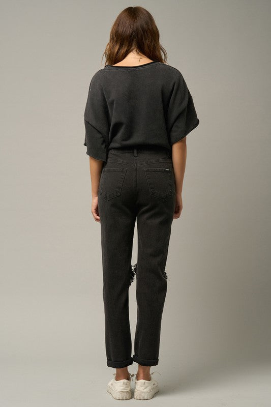 HIGH RISE DESTROYED BLACK JEANS - Studio 653