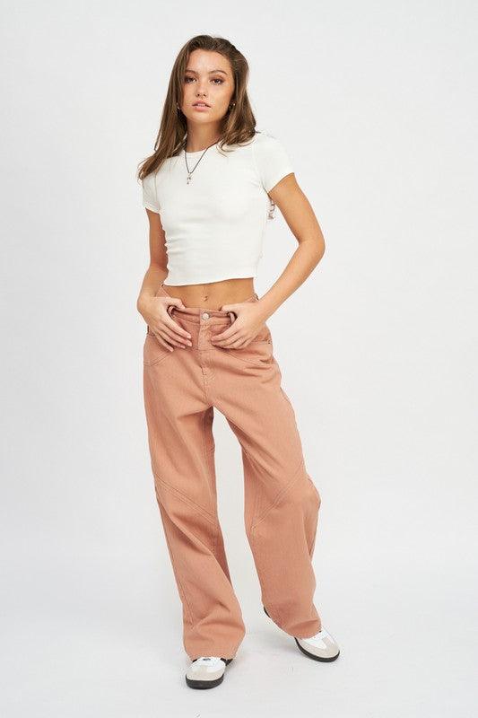 Contrasted Stitch Detail Wide Leg Pants - Studio 653