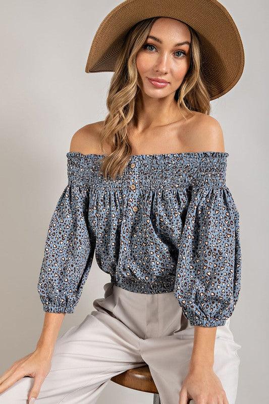 Animal Print Smocked Off The Shoulder Top - Studio 653