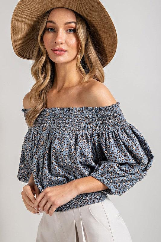 Animal Print Smocked Off The Shoulder Top - Studio 653