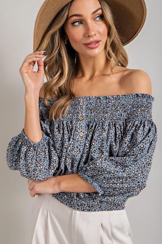 Animal Print Smocked Off The Shoulder Top - Studio 653