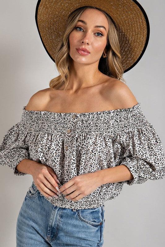 Animal Print Smocked Off The Shoulder Top - Studio 653