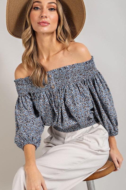 Animal Print Smocked Off The Shoulder Top - Studio 653