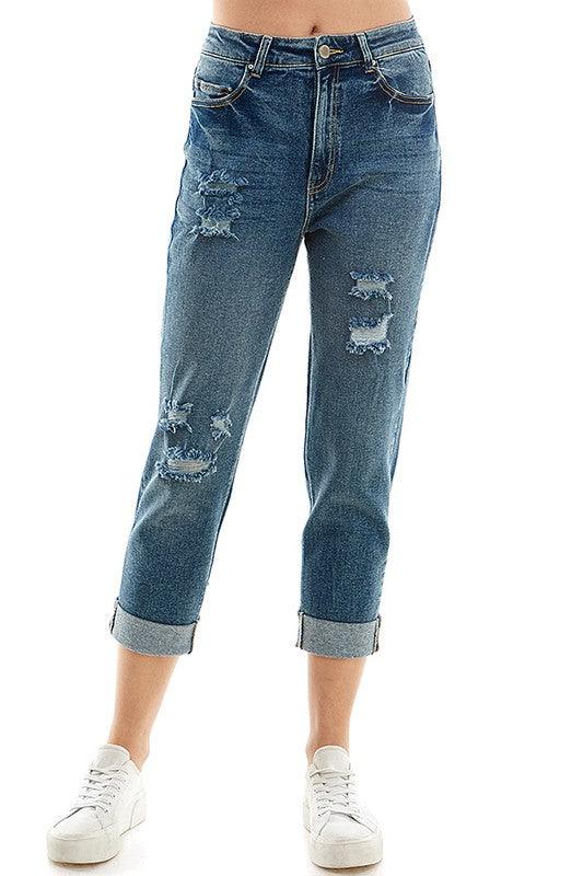 Roll-Up Distressed High-Rise Mom Jeans - Studio 653