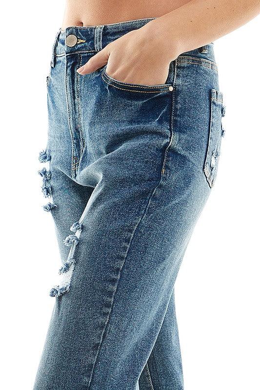 Roll-Up Distressed High-Rise Mom Jeans - Studio 653