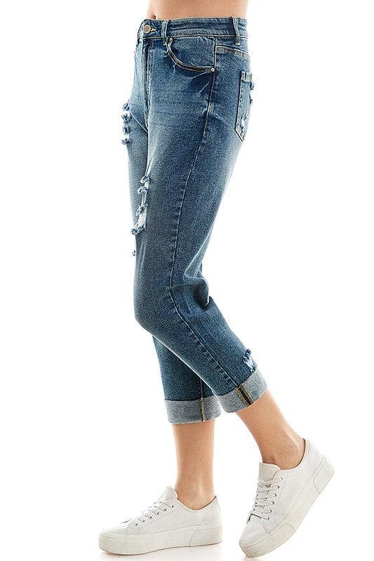 Roll-Up Distressed High-Rise Mom Jeans - Studio 653