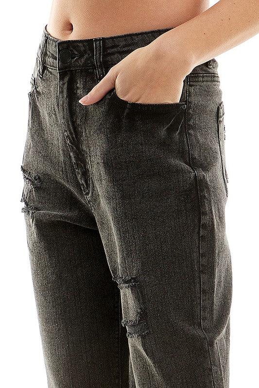 Roll-Up Distressed High-Rise Mom Jeans - Studio 653