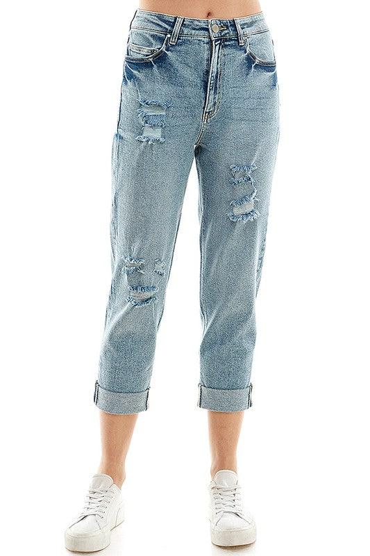 Roll-Up Distressed High-Rise Mom Jeans - Studio 653