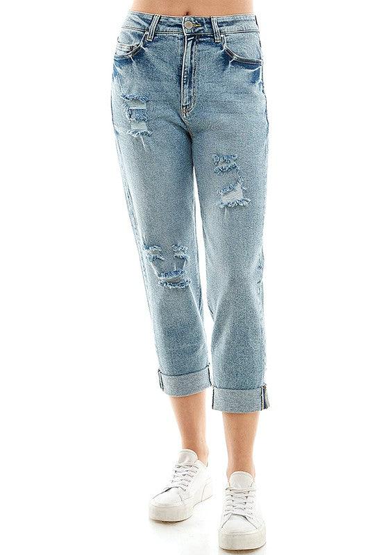 Roll-Up Distressed High-Rise Mom Jeans - Studio 653