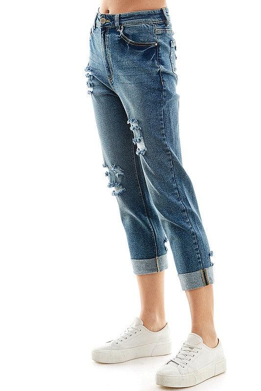 Roll-Up Distressed High-Rise Mom Jeans - Studio 653