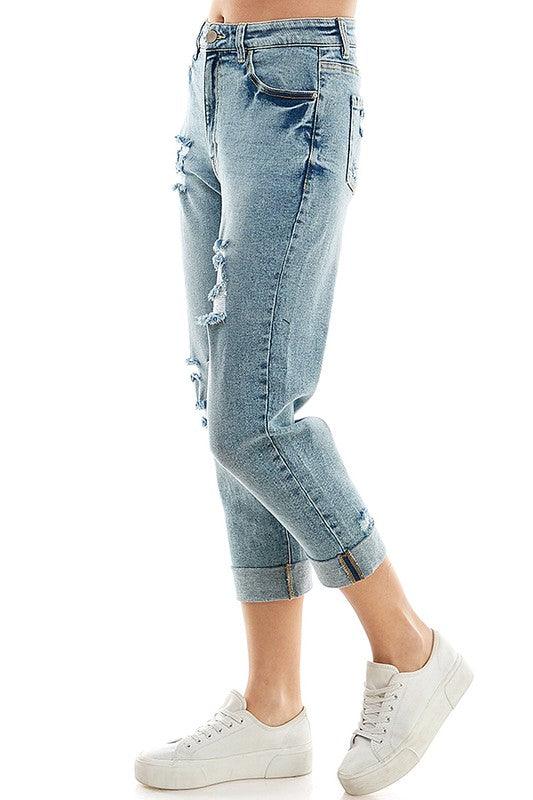 Roll-Up Distressed High-Rise Mom Jeans - Studio 653