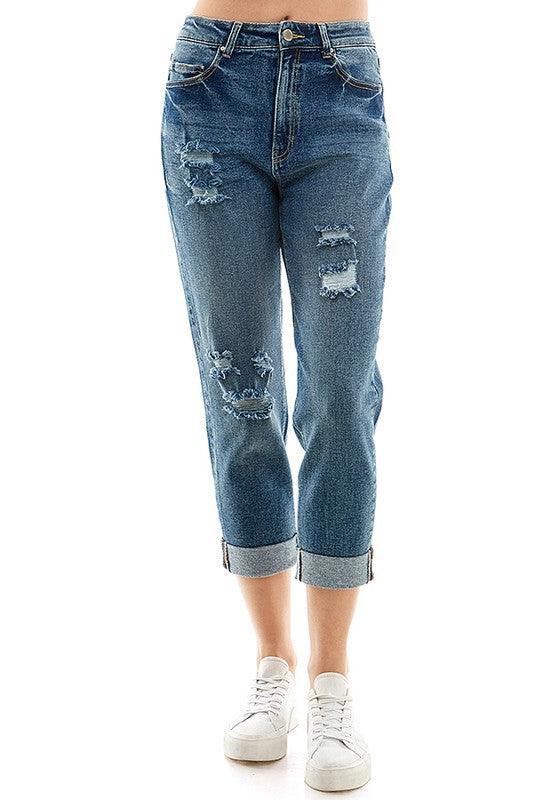 Roll-Up Distressed High-Rise Mom Jeans - Studio 653