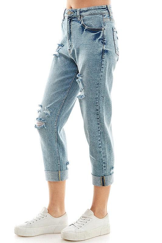 Roll-Up Distressed High-Rise Mom Jeans - Studio 653