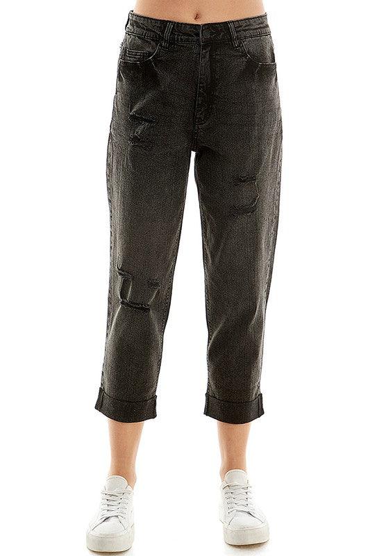 Roll-Up Distressed High-Rise Mom Jeans - Studio 653