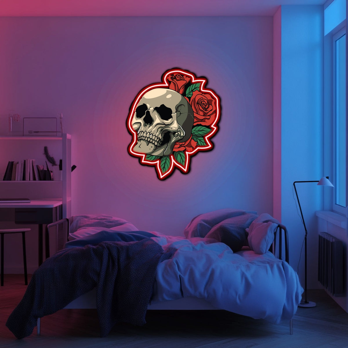 UV Printed Skull Red Rose Blooms Neon Wall Art Sign